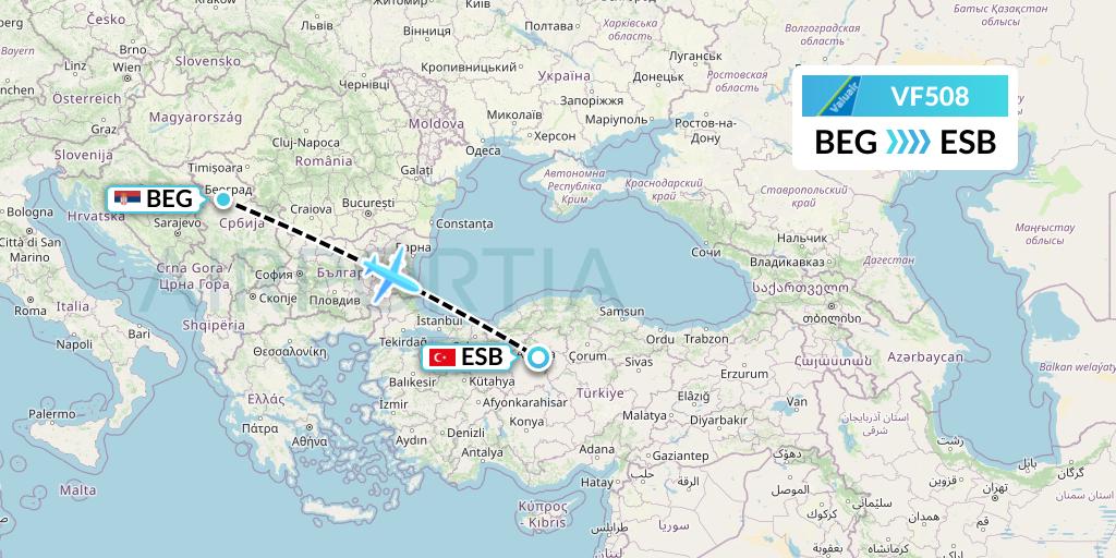 VF508 ValuAir Flight Map: Belgrade to Ankara
