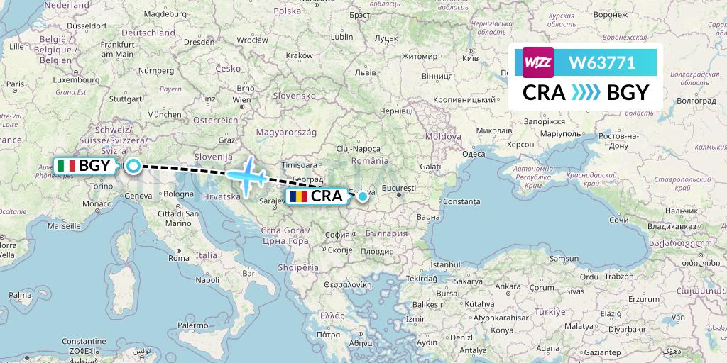 W63771 Wizz Air Flight Map: Craiova to Milan