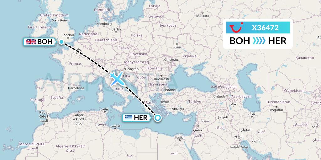 X36472 TUI fly Germany Flight Map: Bournemouth to Heraklion