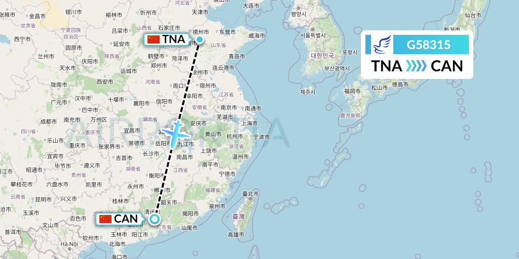 G58315 China Express Airlines Flight Map: Jinan to Guangzhou