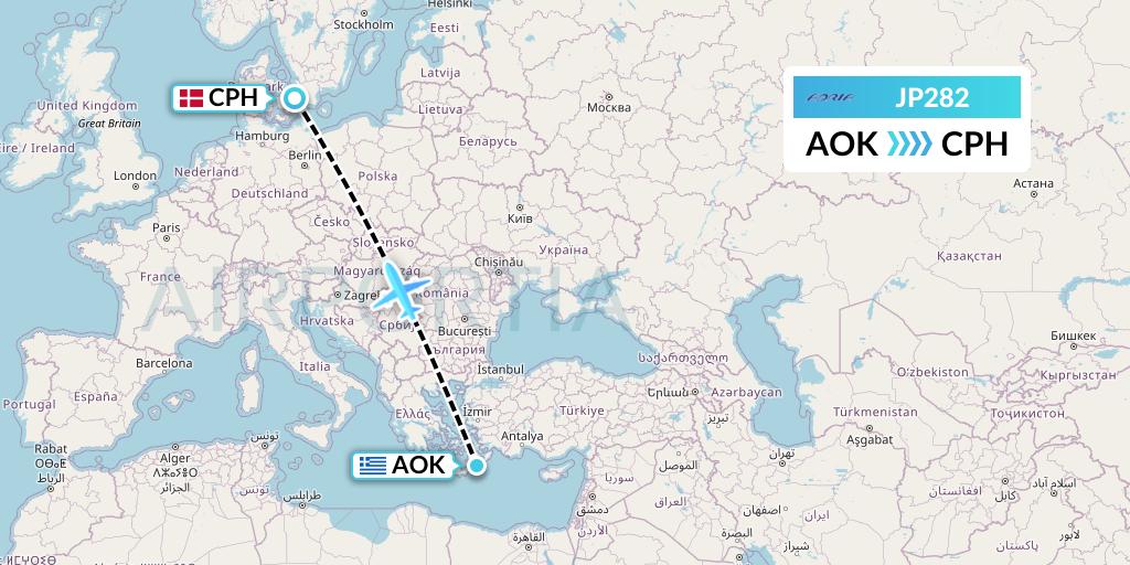 JP282 Adria Airways Flight Map: Karpathos to Copenhagen