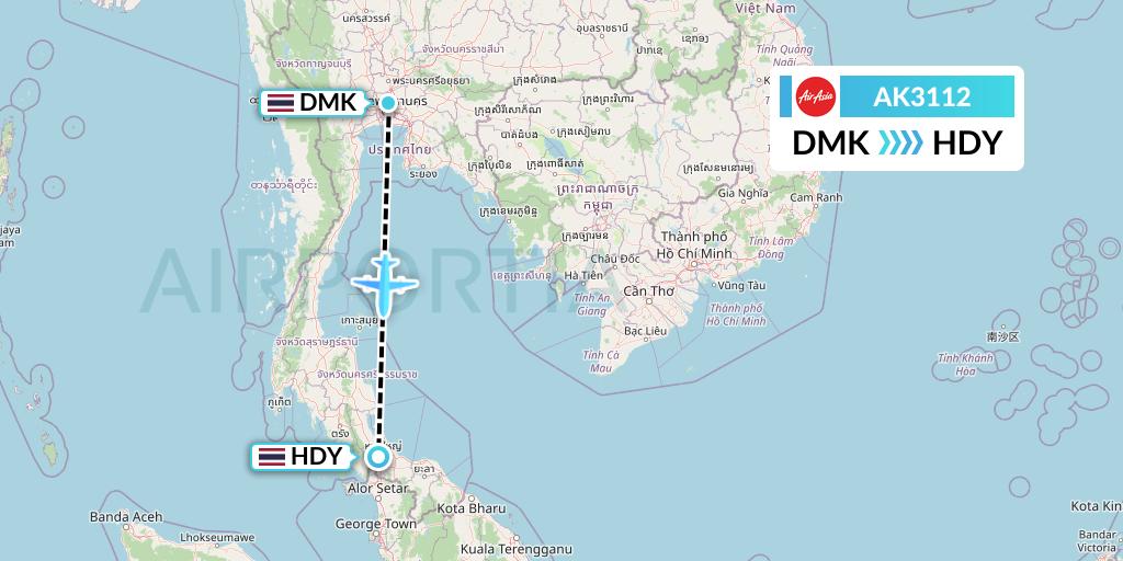 AK3112 AirAsia Flight Map: Bangkok to Hat Yai