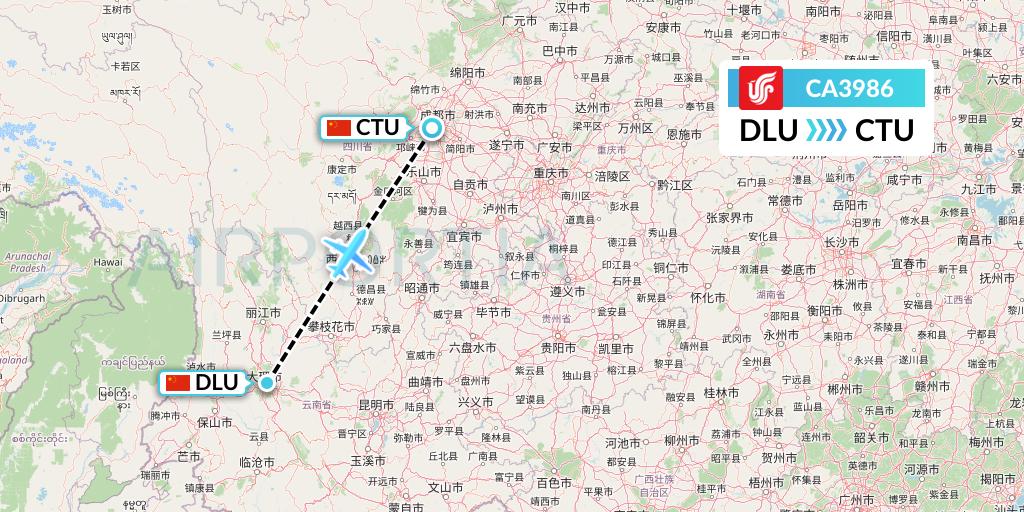 CA3986 Air China Flight Map: Dali to Chengdu