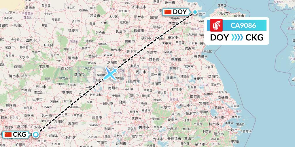 CA9086 Air China Flight Map: Dongying to Chongqing