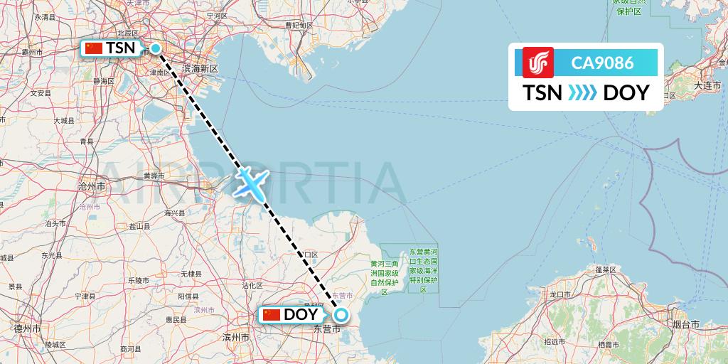 CA9086 Air China Flight Map: Tianjin to Dongying