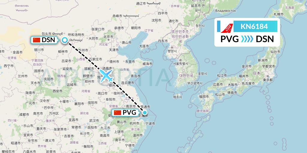 KN6184 China United Airlines Flight Map: Shanghai to Dongsheng