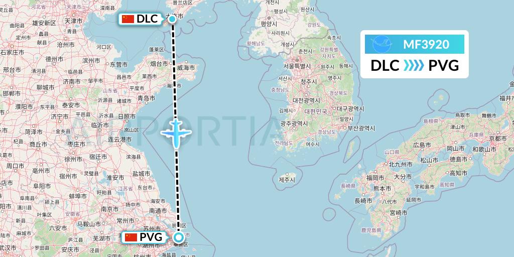 MF3920 Xiamen Airlines Flight Map: Dalian to Shanghai
