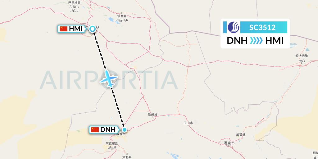 SC3512 Shandong Airlines Flight Map: Dunhuang to Hami City