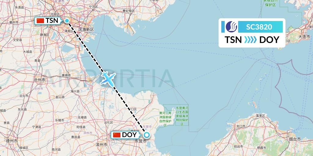 SC3820 Shandong Airlines Flight Map: Tianjin to Dongying