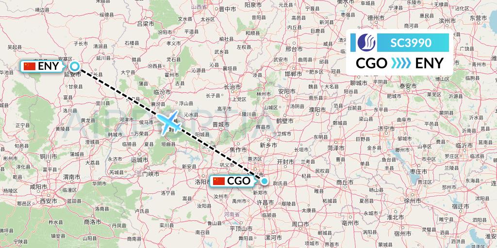 SC3990 Shandong Airlines Flight Map: Zhengzhou to Yan'an