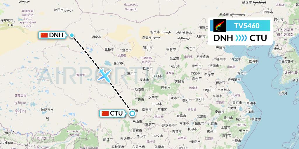 TV5460 Tibet Airlines Flight Map: Dunhuang to Chengdu