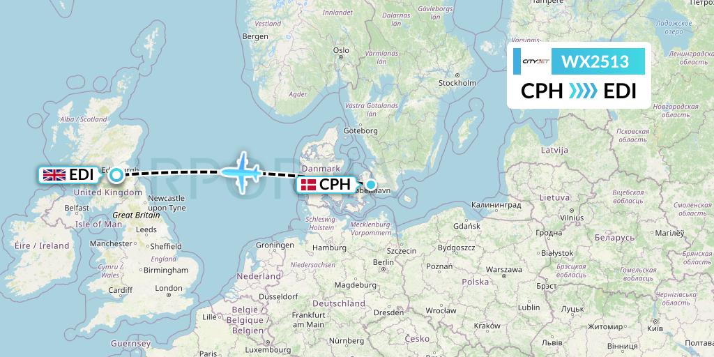 WX2513 Cityjet Flight Map: Copenhagen to Edinburgh