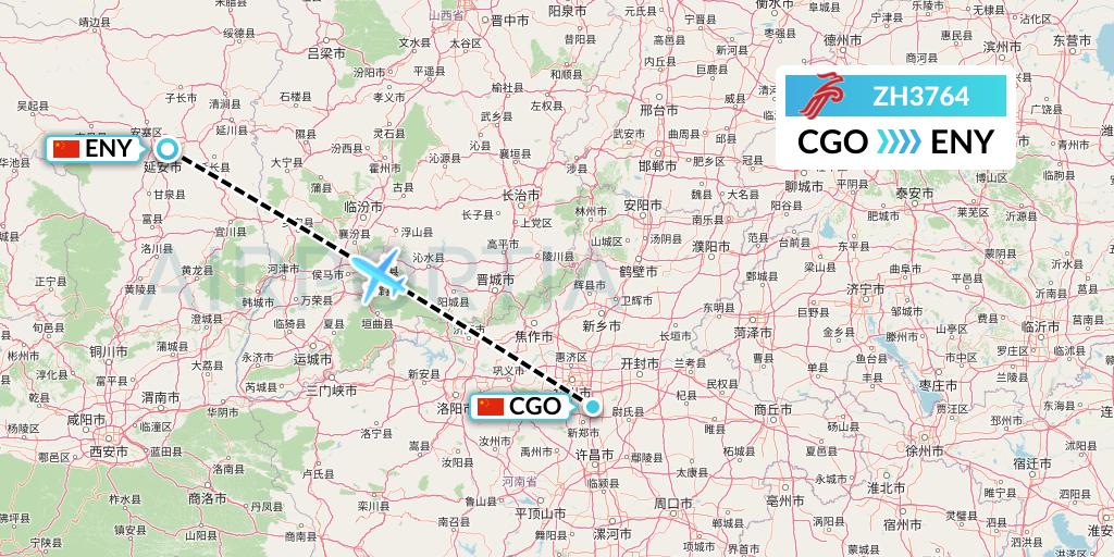 ZH3764 Shenzhen Airlines Flight Map: Zhengzhou to Yan'an