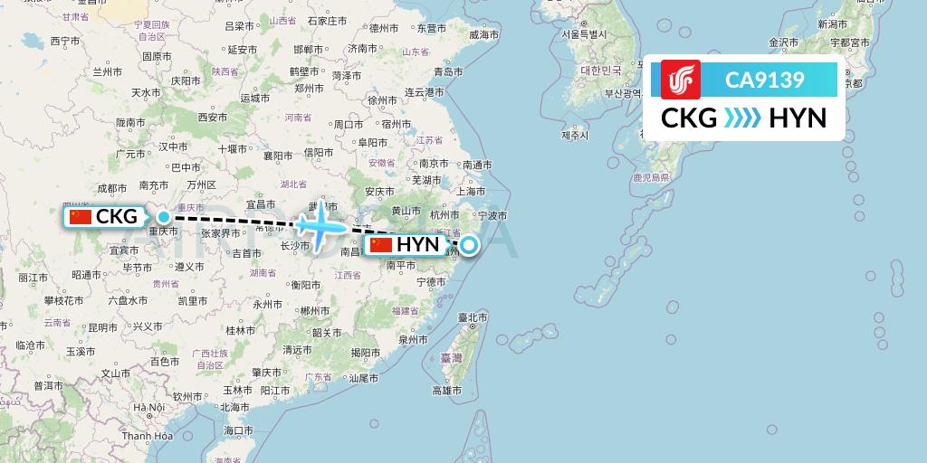 CA9139 Air China Flight Map: Chongqing to Huangyan