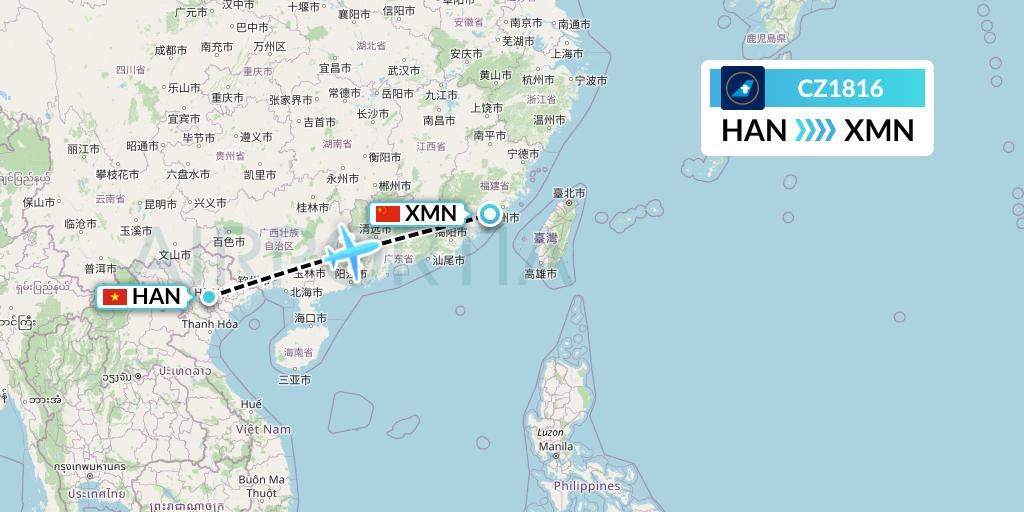 CZ1816 China Southern Airlines Flight Map: Hanoi to Xiamen