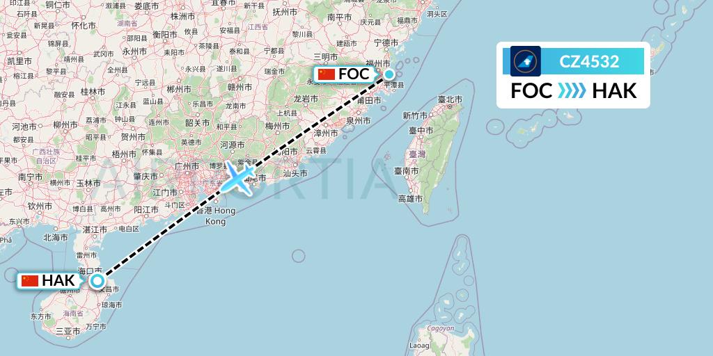 CZ4532 China Southern Airlines Flight Map: Fuzhou to Haikou