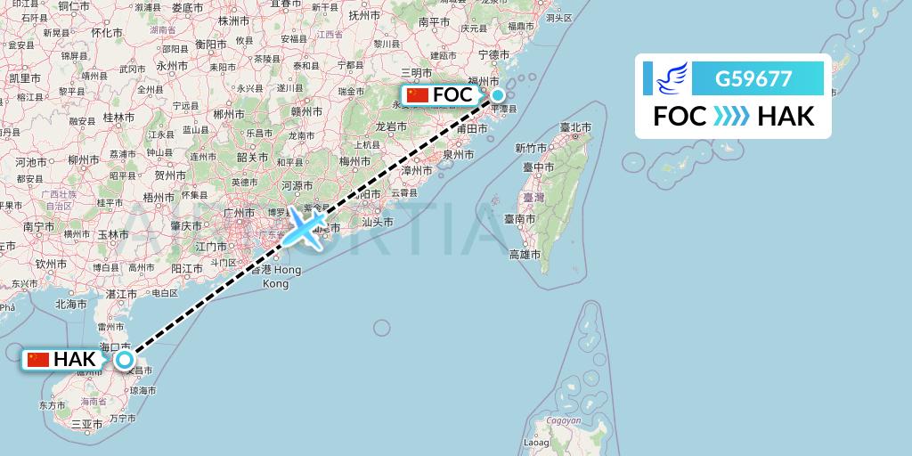 G59677 China Express Airlines Flight Map: Fuzhou to Haikou
