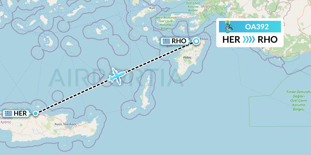OA392 Olympic Air Flight Map: Heraklion to Rhodes