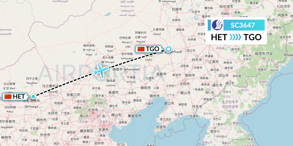 SC3647 Shandong Airlines Flight Map: Hohhot to Tongliao