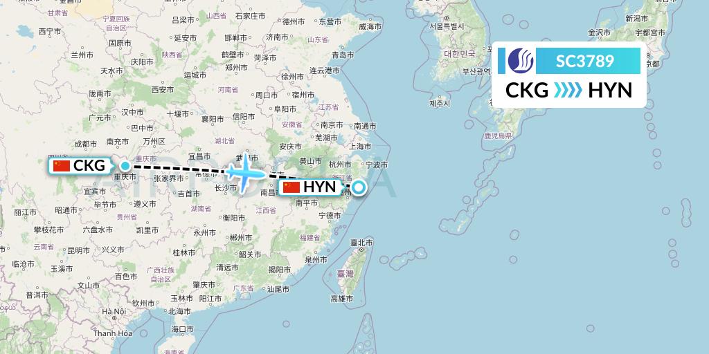 SC3789 Shandong Airlines Flight Map: Chongqing to Huangyan