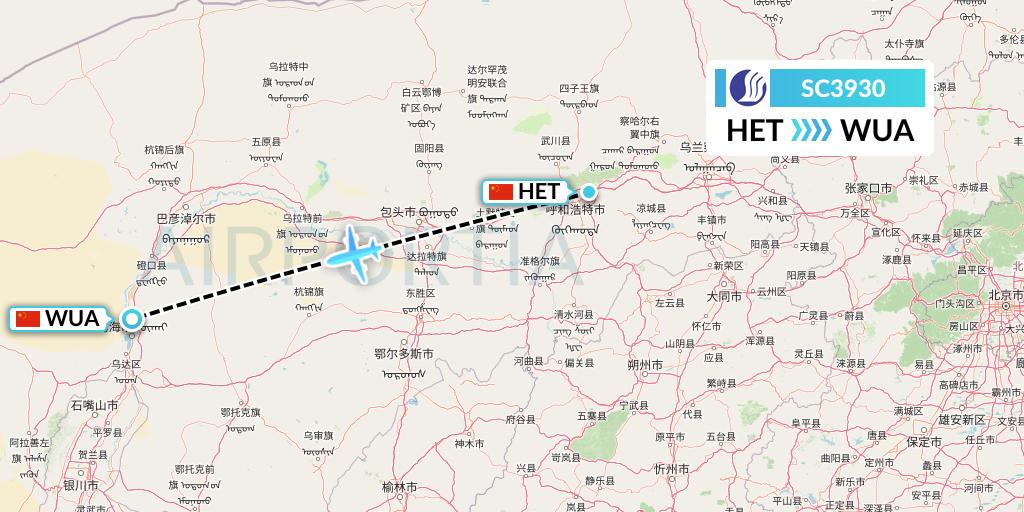 SC3930 Shandong Airlines Flight Map: Hohhot to Wuhai