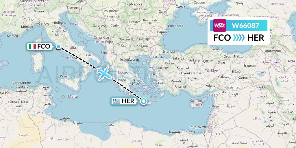 W66087 Wizz Air Flight Map: Rome to Heraklion