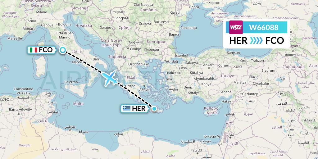 W66088 Wizz Air Flight Map: Heraklion to Rome