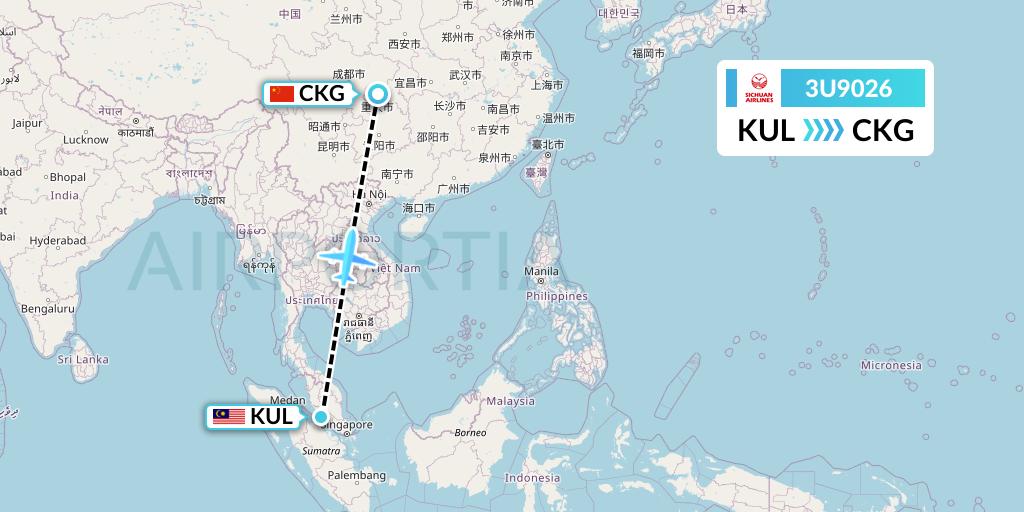 3U9026 Sichuan Airlines Flight Map: Kuala Lumpur to Chongqing