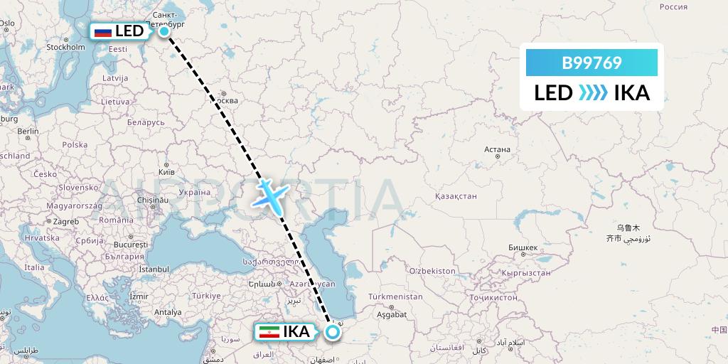 B99769 Iran Air Tours Flight Map: St. Petersburg to Tehran