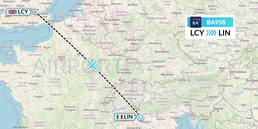 BA958 British Airways Flight Map: London to Milan