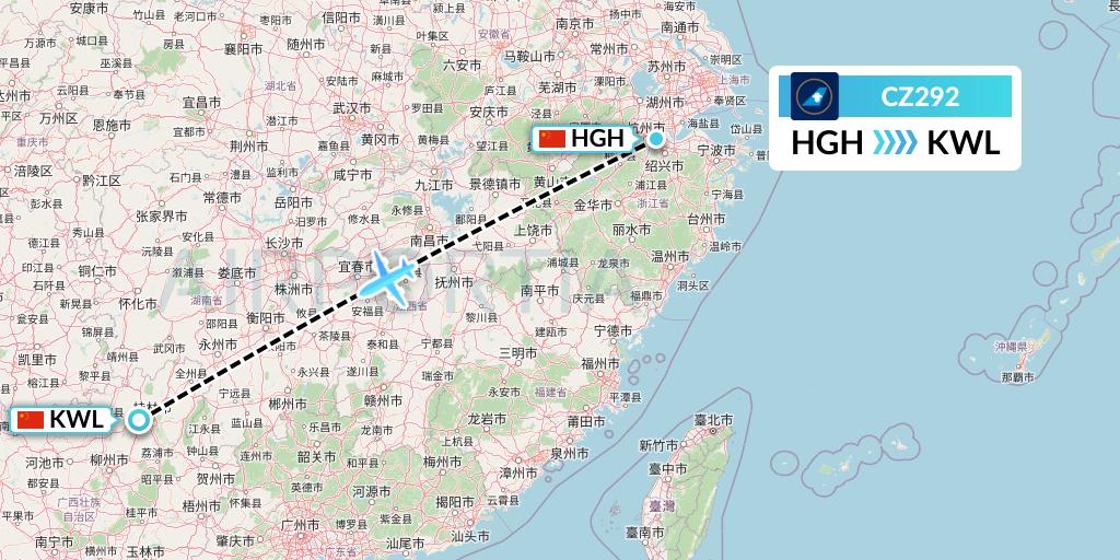CZ292 China Southern Airlines Flight Map: Hangzhou to Guilin