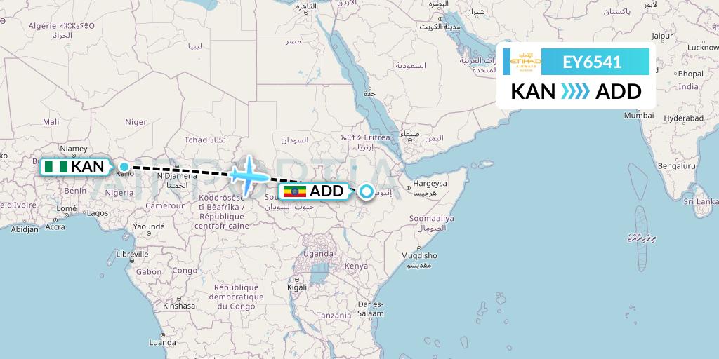 EY6541 Etihad Airways Flight Map: Kano to Addis Ababa
