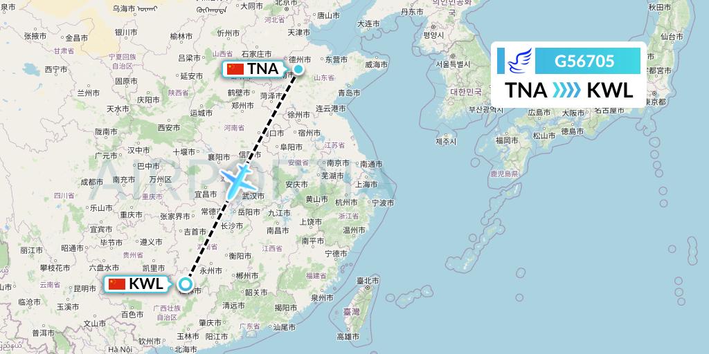 G56705 China Express Airlines Flight Map: Jinan to Guilin