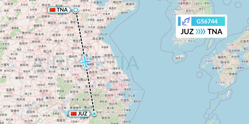G56744 China Express Airlines Flight Map: Quzhou to Jinan