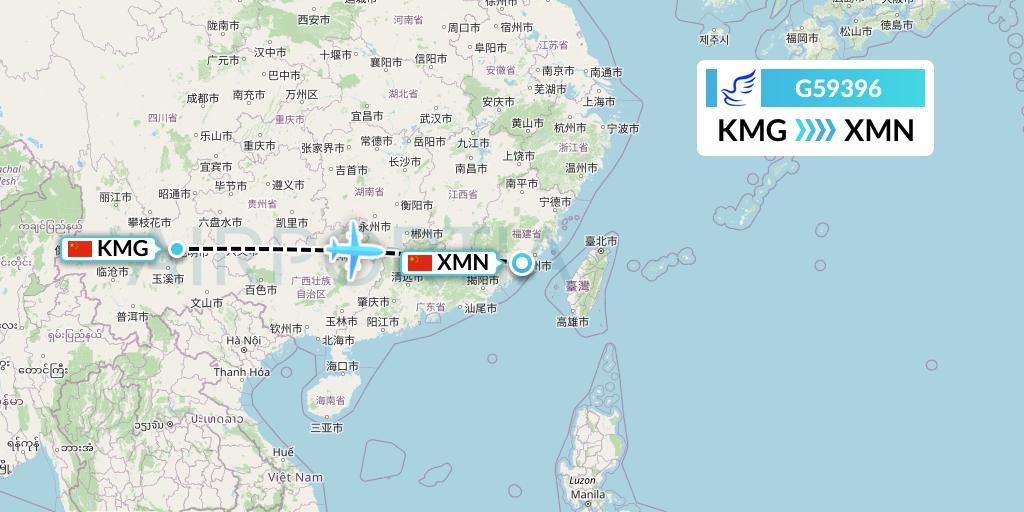 G59396 China Express Airlines Flight Map: Kunming to Xiamen