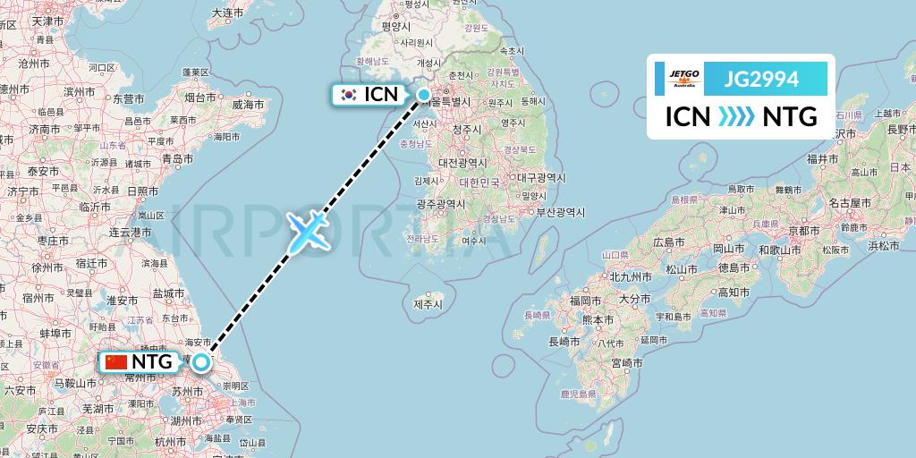 JG2994 JetGo Australia Flight Map: Seoul to Nantong