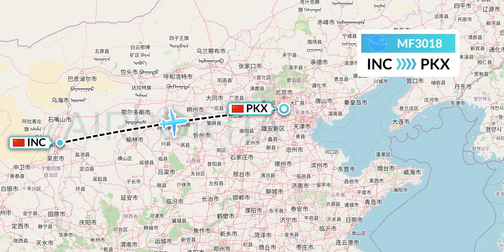 MF3018 Xiamen Airlines Flight Map: Yinchuan to Beijing