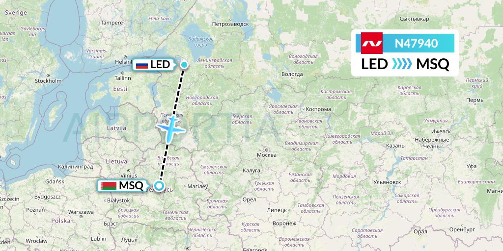 N47940 Nordwind Airlines Flight Map: St. Petersburg to Minsk