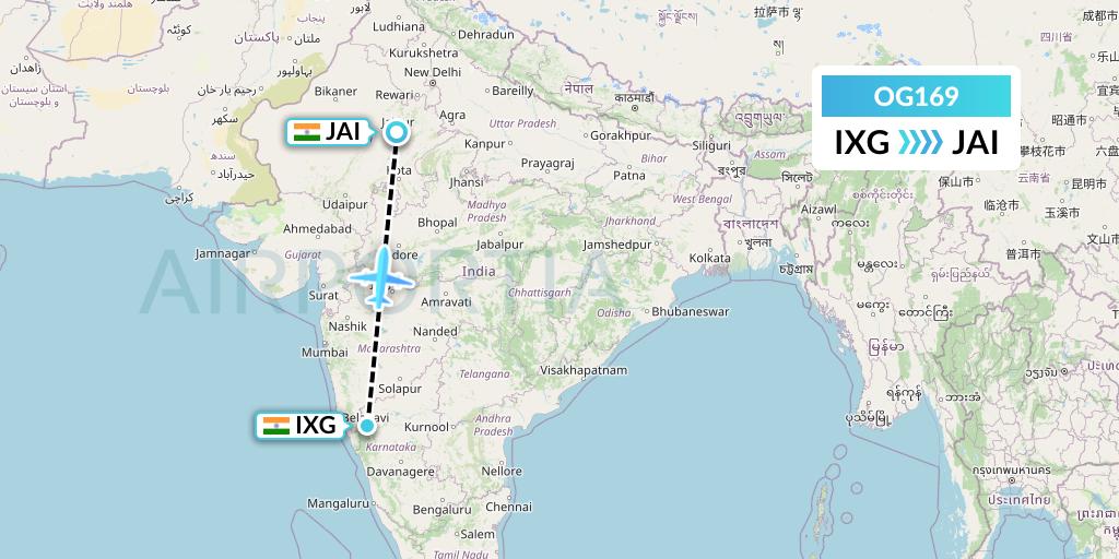 OG169 Fly Play Flight Map: Belgaum to Jaipur