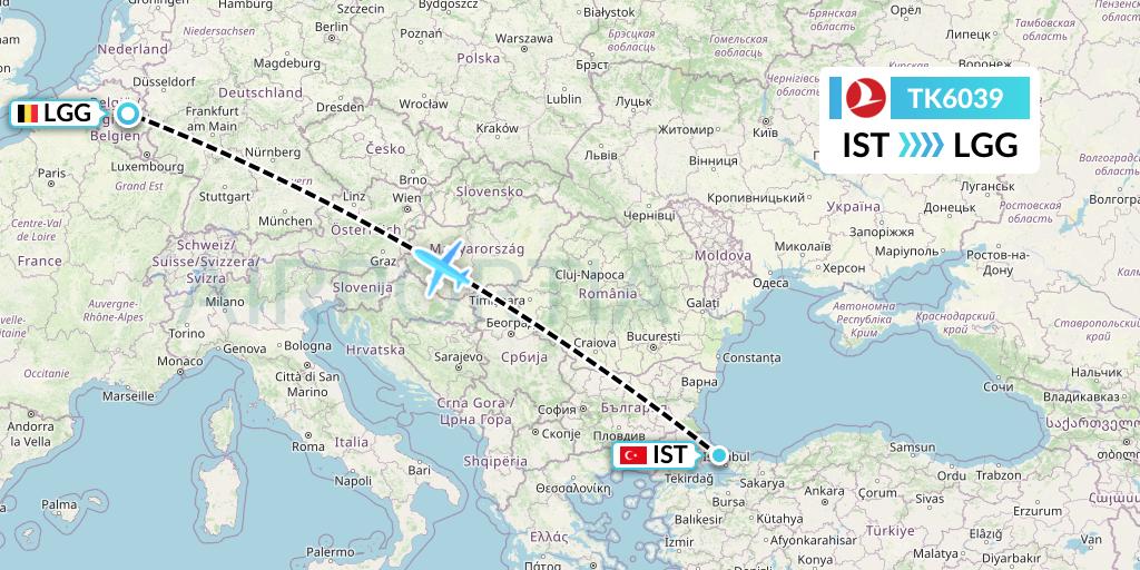 TK6039 Turkish Airlines Flight Map: Istanbul to Liege