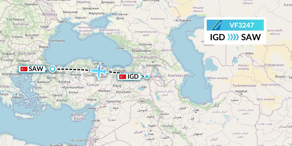 VF3247 ValuAir Flight Map: Igdir to Istanbul