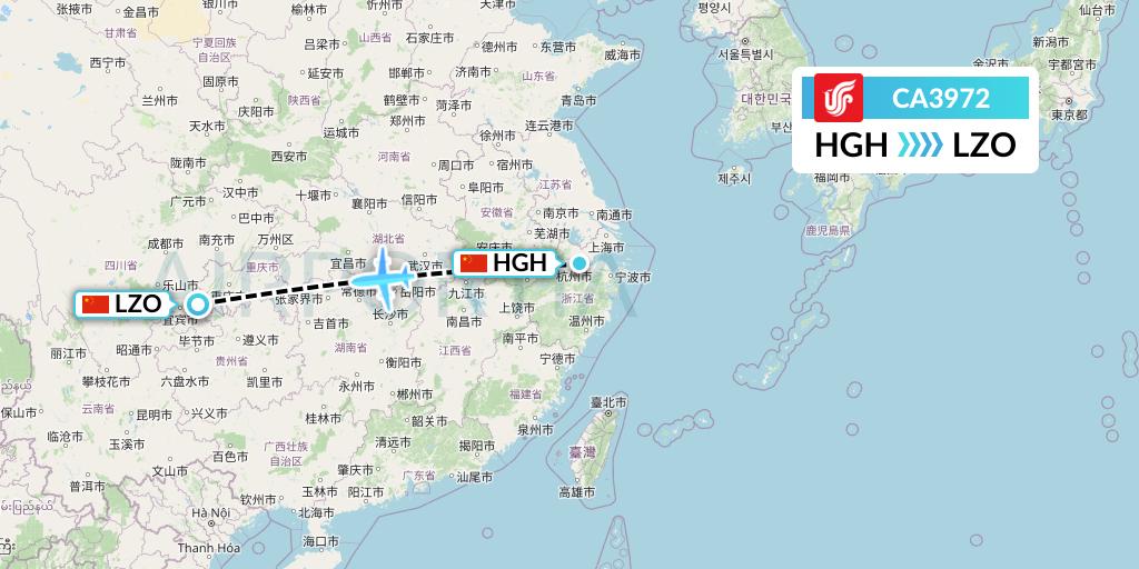 CA3972 Air China Flight Map: Hangzhou to Luzhou