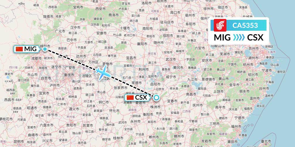 CA5353 Air China Flight Map: Mianyang to Changsha
