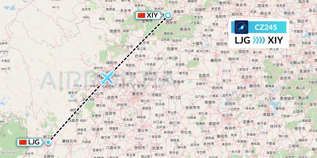 CZ245 China Southern Airlines Flight Map: Lijiang to Xi'an