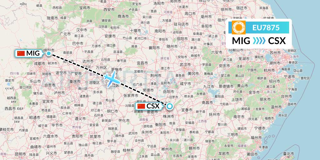 EU7875 Chengdu Airlines Flight Map: Mianyang to Changsha