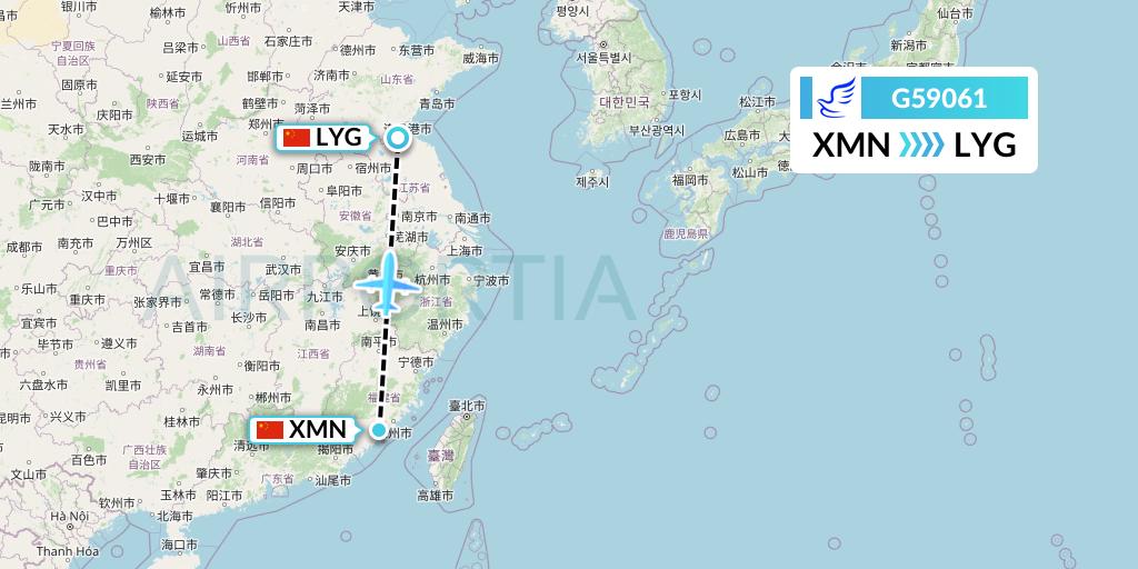 G59061 China Express Airlines Flight Map: Xiamen to Lianyungang