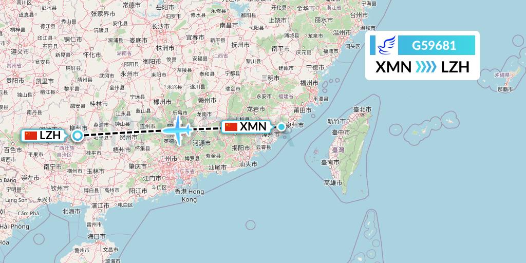 G59681 China Express Airlines Flight Map: Xiamen to Liuzhou