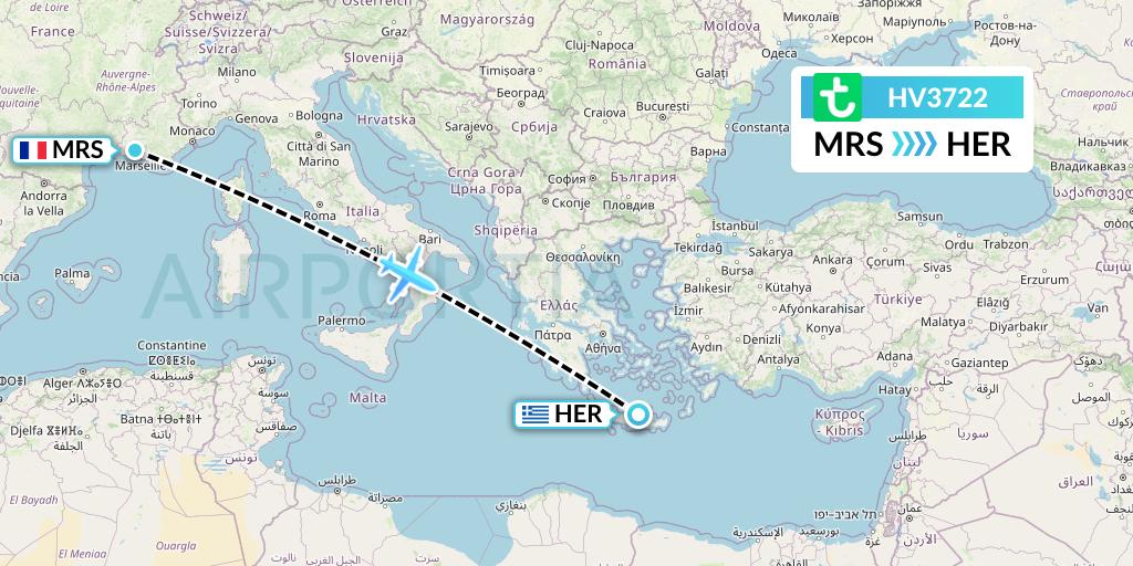 HV3722 Transavia Flight Map: Marseille to Heraklion