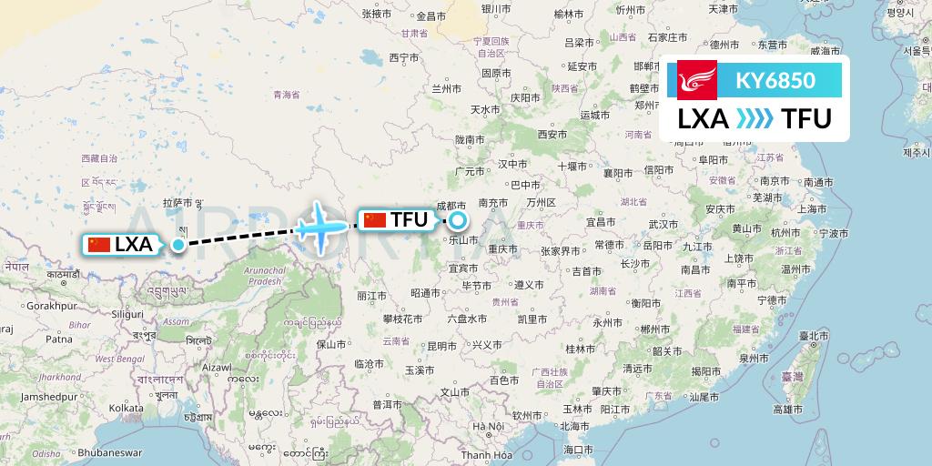 KY6850 Kunming Airlines Flight Map: Lhasa to Chengdu