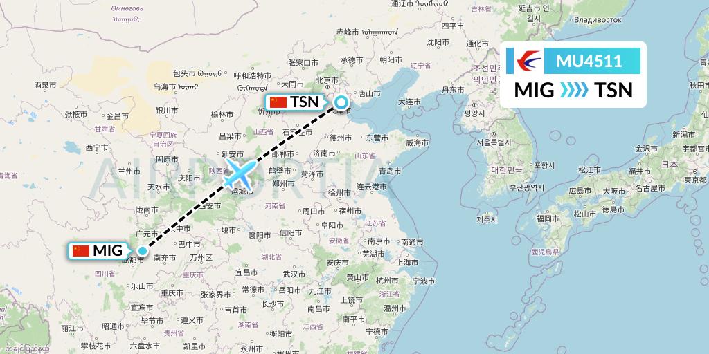 MU4511 China Eastern Airlines Flight Map: Mianyang to Tianjin